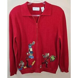 Alfred Dunner "Mad for Plaid" Red Christmas Full‎ Zip Embroidered Sweater Size S